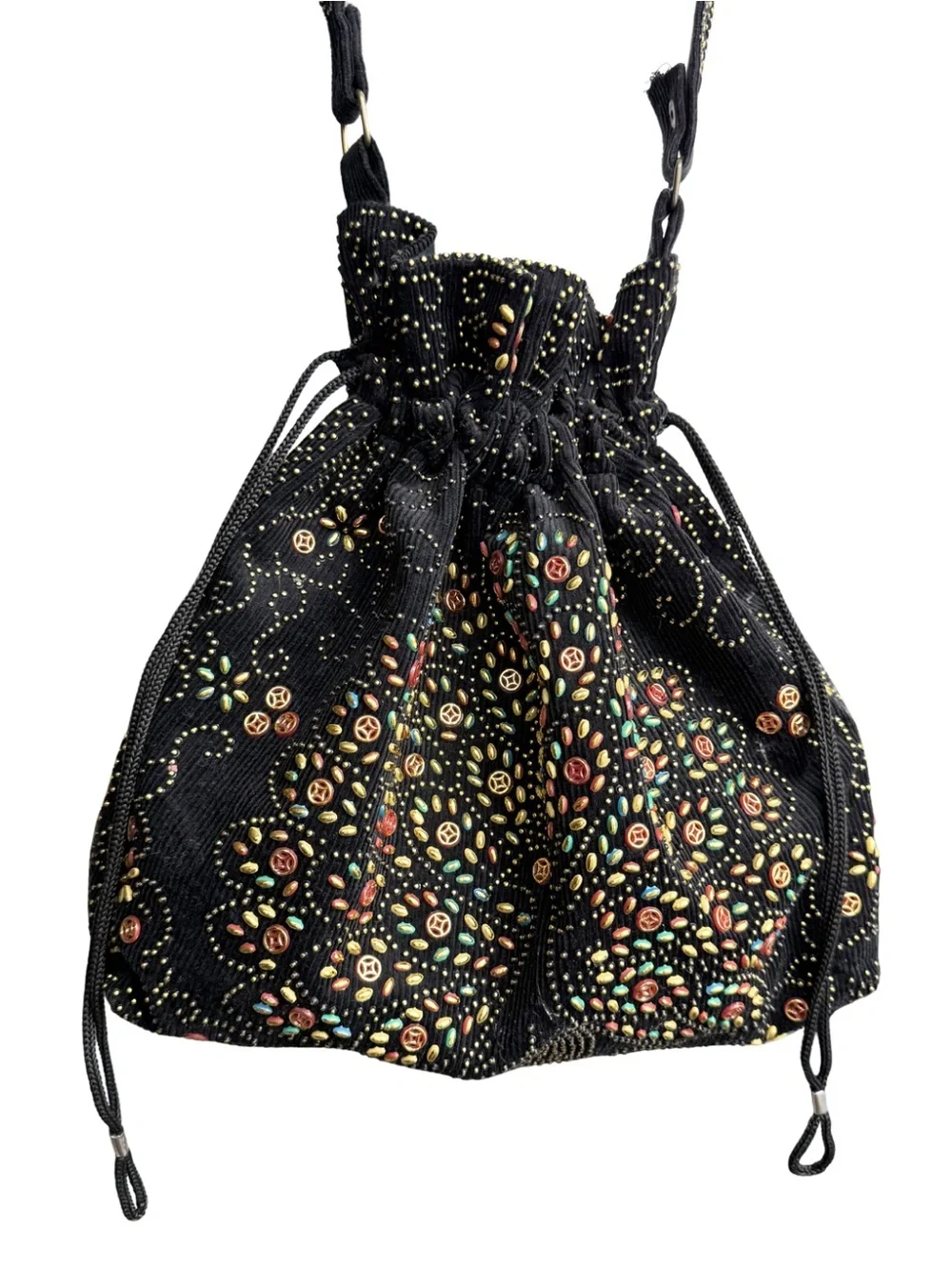 VTG Beaded Peacock Corduroy Drawstring Bucket Shoulder Bag Boho Folk Art Black